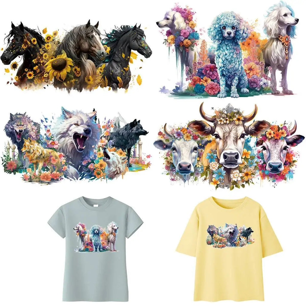 Thermal Press Clothes Stickers Wolfs Horses Flowers Print On T-Shirt Animal Design Diy Accessory Iron On Patch