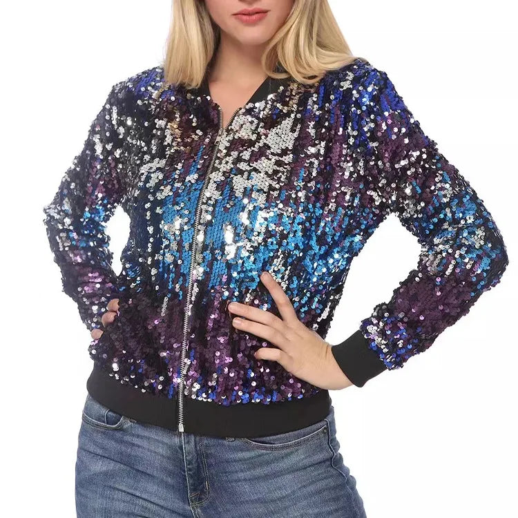 2025 Women Bomber Gradient Color Sequins Baseball Jacket Beaded Embroidered Sequined Zipper Pilot Coat Stage Show Dance Outwear