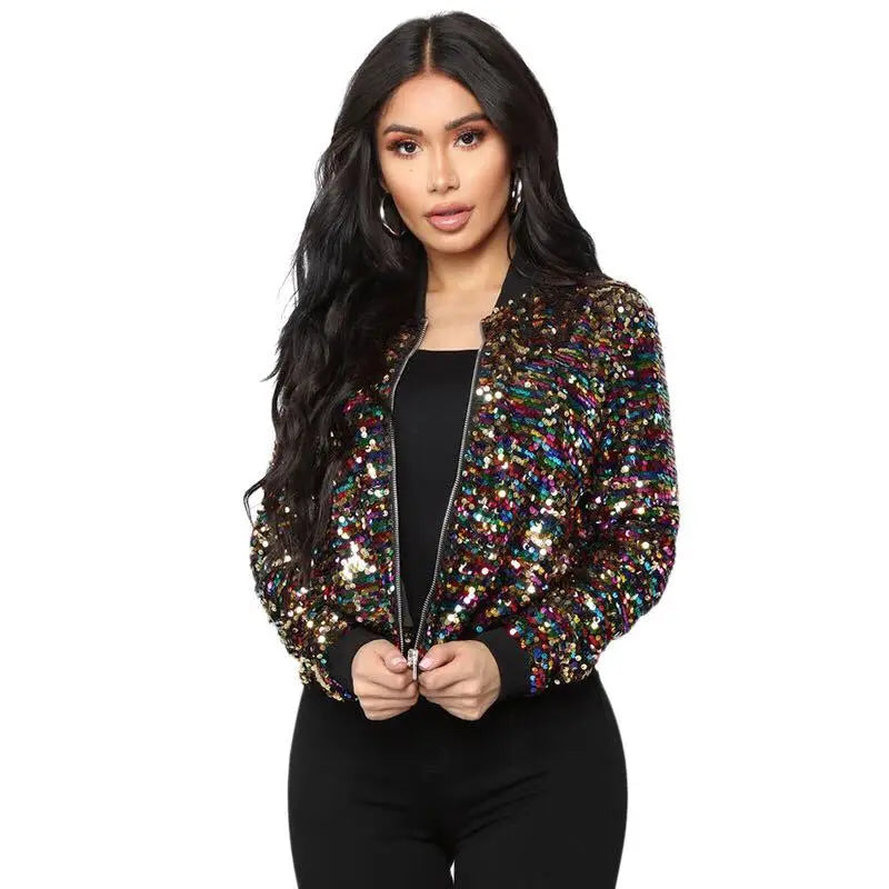 2025 Women Bomber Gradient Color Sequins Baseball Jacket Beaded Embroidered Sequined Zipper Pilot Coat Stage Show Dance Outwear