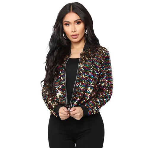 2025 Women Bomber Gradient Color Sequins Baseball Jacket Beaded Embroidered Sequined Zipper Pilot Coat Stage Show Dance Outwear