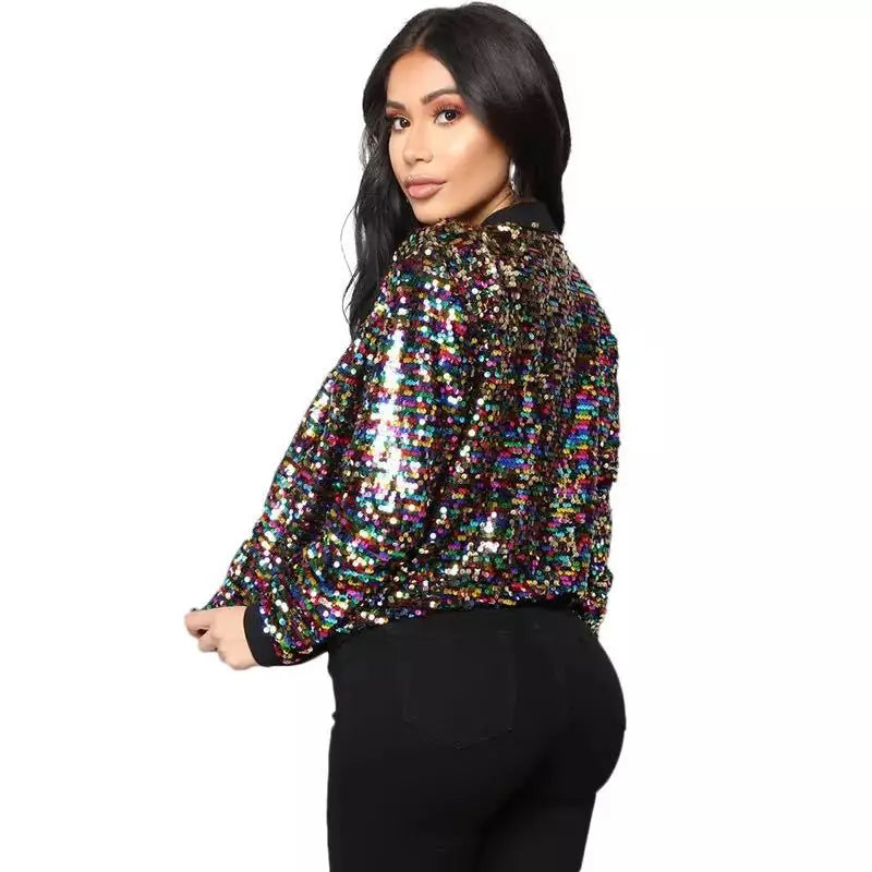 2025 Women Bomber Gradient Color Sequins Baseball Jacket Beaded Embroidered Sequined Zipper Pilot Coat Stage Show Dance Outwear