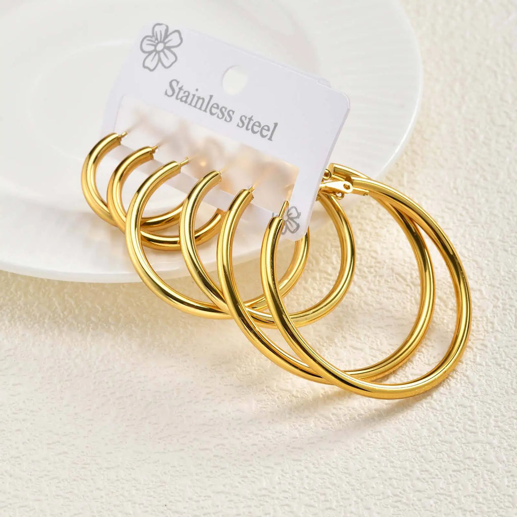 Vnox Stainless Steel 3pairs/set Hoop Earrings For Women, Small Big Round Circle, Classic Anti-allergy Jewelry