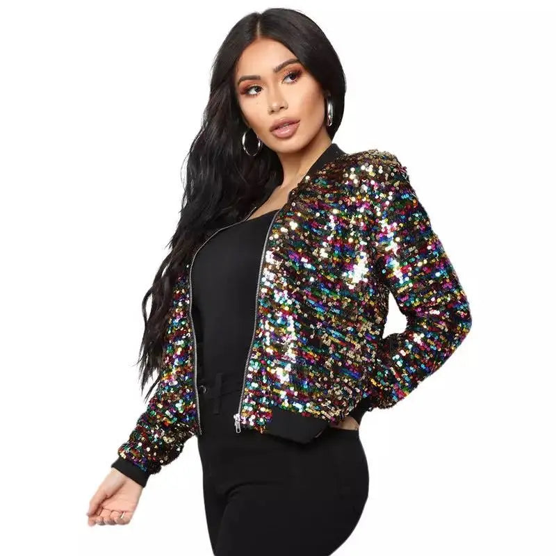 2025 Women Bomber Gradient Color Sequins Baseball Jacket Beaded Embroidered Sequined Zipper Pilot Coat Stage Show Dance Outwear